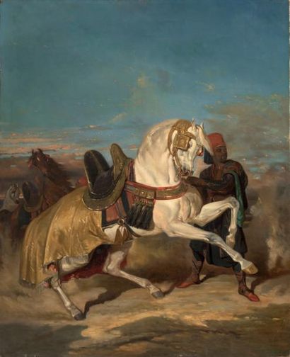 D'après Alfred DE DREUX, XIXème 
Cheval arabe maintenu par son palefrenier
Huile...