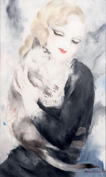 MICAO-KONO (1876-1954) 
Elegante au chat, 1921
Huile sur papier marouflée sur toile...