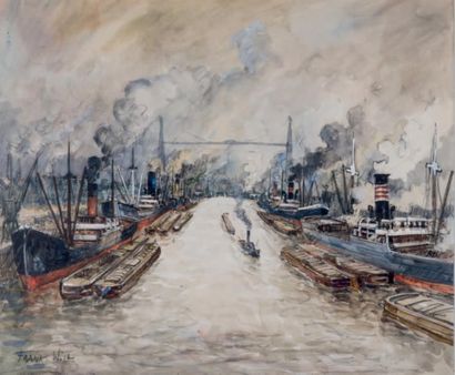 FRANK WILL (1900-1951) 
Pont transbordeur à Rouen Aquarelle et crayon conté
Signée...