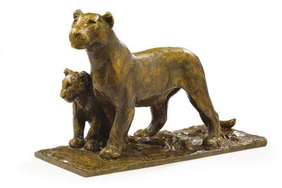 Roger GODCHAUX (1878-1958) 
“Lionne et lionceau”
Exceptionnelle et rare sculpture...