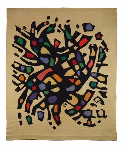 Alfred MANESSIER (1911-1993) “Composition abstraite”
Tapis en laine rase polychrome...