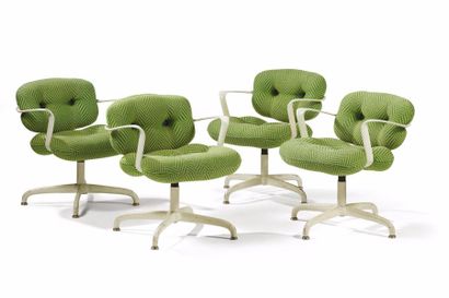 KNOLL EDITEUR 
Suite de onze fauteuils en métal laqué vert.
Garniture entièrement...