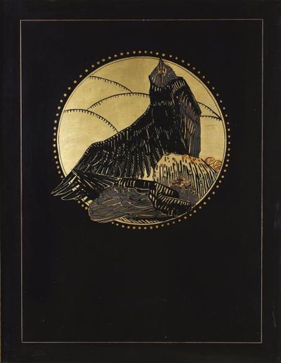 Mathurin MEHEUT (1882-1958) 
Panneau rectangulaire en laque à décor d'un cormoran...