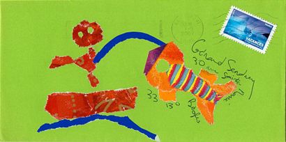 GUALLINO Patrick 
Sans titre
Enveloppe Mail-Art
Technique mixte et collage sur papier
Etiquette...