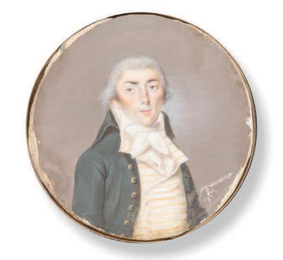 null Portrait miniature rond peint d'un homme en redingote bleue sur fond gris, identifié...