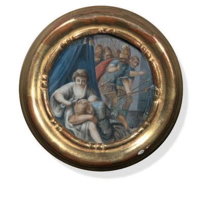 null Miniature ronde peinte d'une scène représentant une femme cou­pant une mèche...
