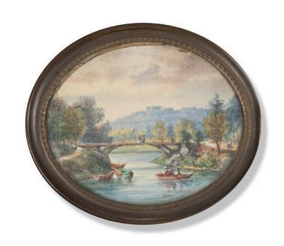 null Miniature ovale peinte sur papier représentant une scène de barque sur une rivière...