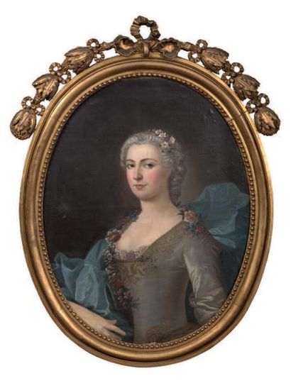 ECOLE FRANÇAISE, vers 1760 Portrait de femme à la robe grise
Toile ovale 81,5 x 64...