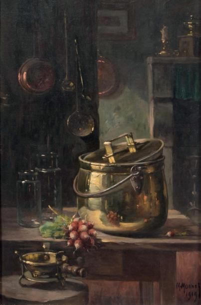 Maurice MONNOT (1869-1937) Intérieur de cuisine
Le jour des cuivres, 1919
Deux huiles...