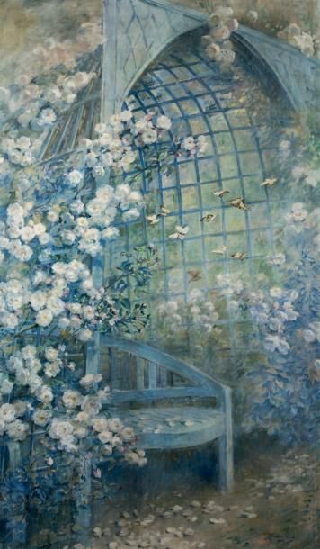 Madeleine LEMAIRE (1845-1928) Quatre panneaux décoratifs chantournés ornés de roses,...