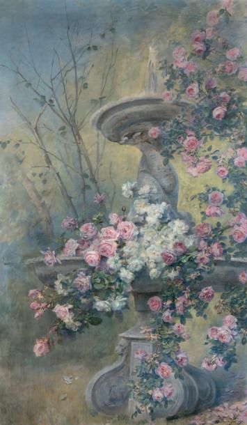 Madeleine LEMAIRE (1845-1928) Quatre panneaux décoratifs chantournés ornés de roses,...