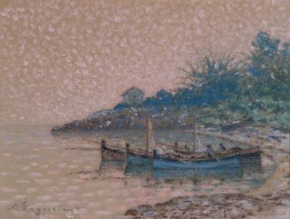 Auguste PEGURIER (1856-1936) Barques latines dans une crique
Pastel sur papier grège,...
