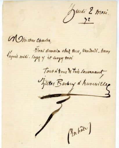 Jules barbey d'Aurevilly Lettre autographe, Confirmation de rendez-vous 1872 - 1...