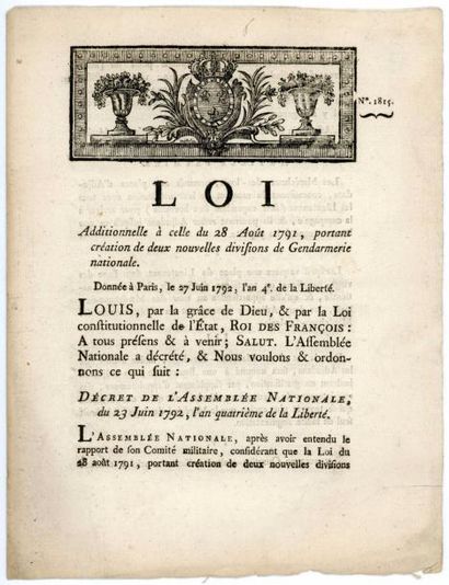 null POLICE, PILORI et GUILLOTINE Loi de 1792 sur la création de 2 divisions de Gendarmerie....