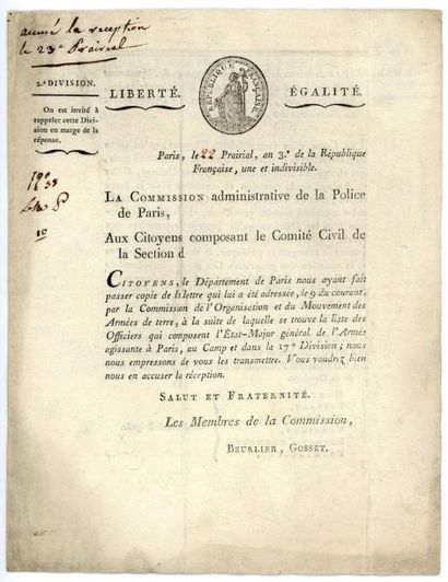 null POLICE, PILORI et GUILLOTINE Loi de 1792 sur la création de 2 divisions de Gendarmerie....
