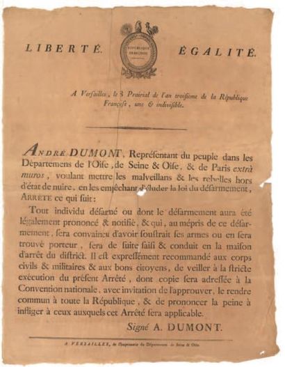 null VERSAILLES LE 8 PRAIRIAL DE L'AN 3
Affiche signée par André Dumont portant sur...