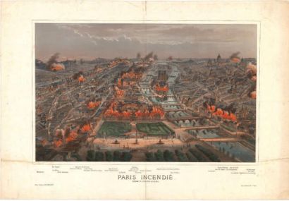 Charles RIVIERE PARIS INCENDIE Paris incendié pendant la Commune vue des Tuileries.
Lithographie...