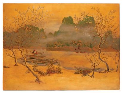 Lê Quôc Lôc (1918-1987) 
Des vues de rivières et de port.
Deux panneaux. Laque polychrome...