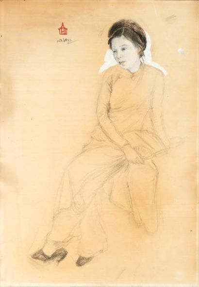 Nguyen Tu'ong Lân (1906-1947) 
Portrait d'une jeune femme à l'éventail.
Fusain, crayon...