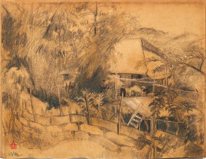 Nguyen Tu'ong Lân (1906-1947) 
Paysages des environs d'Hanoï.
Deux fusains, sur papier....