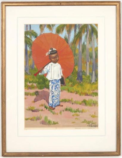 Léa LAFUGIE (1890-1972) 
Petite fille birmane à Mandalay.
Gouache sur papier. Signé...