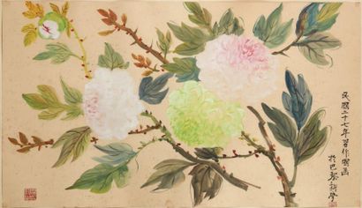 Liao Xinxue (1903-1958) 
Branches de pivoines.
Encre et couleurs sur papier.
Signé...