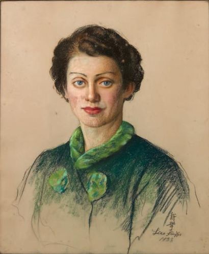 Liao Xinxue (1903-1958) 
Portrait d'une femme en blouse verte.
Pastel sur papier.
Signé...