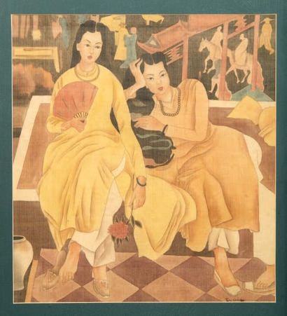 Ecole Vietnamienne - XXe siècle 
Portraits de deux jeunes femmes.
Encre sur soie.
Signature...