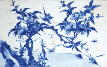 CHINE - XVIIIe siècle Plaque horizontale en porcelaine bleu blanc, à décor de branches...