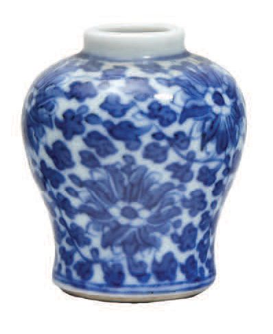 CHINE - XIXe siècle 
Flacon tabatière de forme balustre en porcelaine bleu blanc...