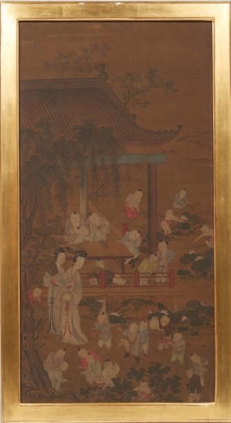 CHINE - Fin XIXe siècle 
Quatre dessins à l'encre polychrome sur soie, jeunes femmes...