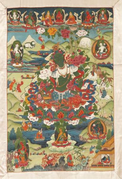 TIBET - XXe siècle 
Tangka, détrempe sur toile, Tara verte assis sur un lotus dans...