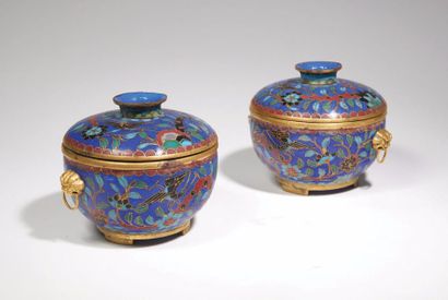 CHINE - XIXe siècle 
Paire de pots couverts en bronze doré et émaux cloisonnés à...