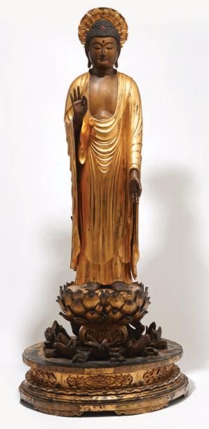 JAPON - Epoque EDO (1603 - 1868) 
Importante statue de bouddha Amida en bois laqué...
