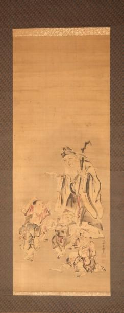 JAPON - XIXE SIÈCLE 
Encre et couleurs sur soie, représentant un lettré jouant avec...