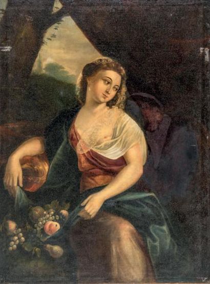 Ecole ITALIENNE, du XIXème siècle Jeune femme portant des fruits dans un pan de sa...