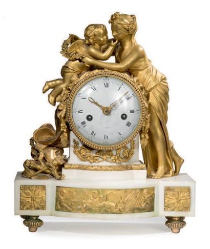null Pendule en bronze ciselé et doré et marbre blanc représentant Vénus enlaçant...
