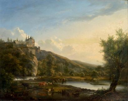 Ignatius Josephus van REGEMORTER (Anvers 1785 - 1873) Paysage au château
Panneau,...