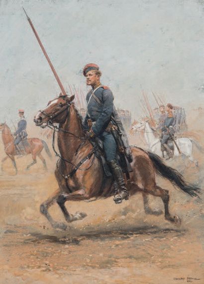 Edouard DETAILLE (1848-1912) Charge de cavalerie, 1884
Gouache
Signée et datée en...