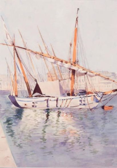 ÉCOLE FRANÇAISE, XXe siècle Paysage portuaire méditerranéen
Gouache sur papier
30...