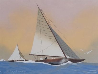 Léon HAFFNER (1881-1972) Régate de voilier vue par Tribord
Gouache au pochoir, signée...