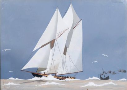 Léon HAFFNER (1881-1972), nommé POM en 1918 Grand yacht doublant un vapeur
Gouache...