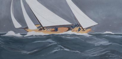Léon HAFFNER (1881-1972) Grand yacht en course
Gouache au pochoir signée en bas à...