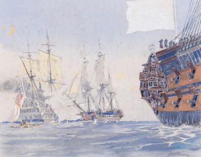 Albert SEBILLE (1874-1953) Combat naval
Deux gouaches sur papier formant pendant
22...