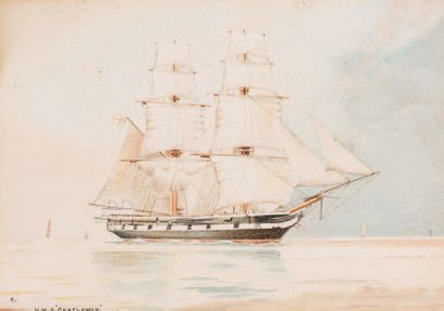 École anglaise, XIXe siècle Le 3 mâts barque HMS Seaflower, sous voiles
Aquarelle...
