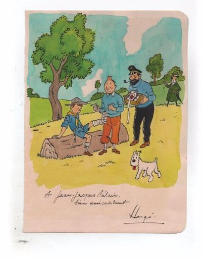 null «Tintin soigne un scout».
Gouache sur papier (provenant d'un cahier à dessin)...