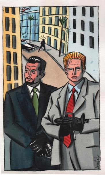LOUSTAL Jacques de «Gangsters».
Gouache couleurs sur papier dessin format 19,5 x...