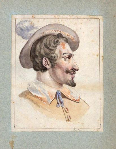 COMEDIENS DU XVIIe SIECLE Gros Guillaume, Villiers, Rufin. 6 dessins originaux aquarellés,...