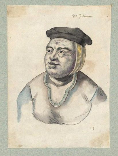 COMEDIENS DU XVIIe SIECLE Gros Guillaume, Villiers, Rufin. 6 dessins originaux aquarellés,...