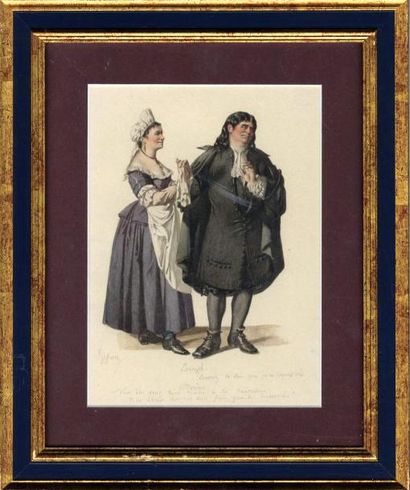Edmond GEFFROY Dorine et Tartuffe dans Tartuffe, aquarelle originale 17x23cm, signée...